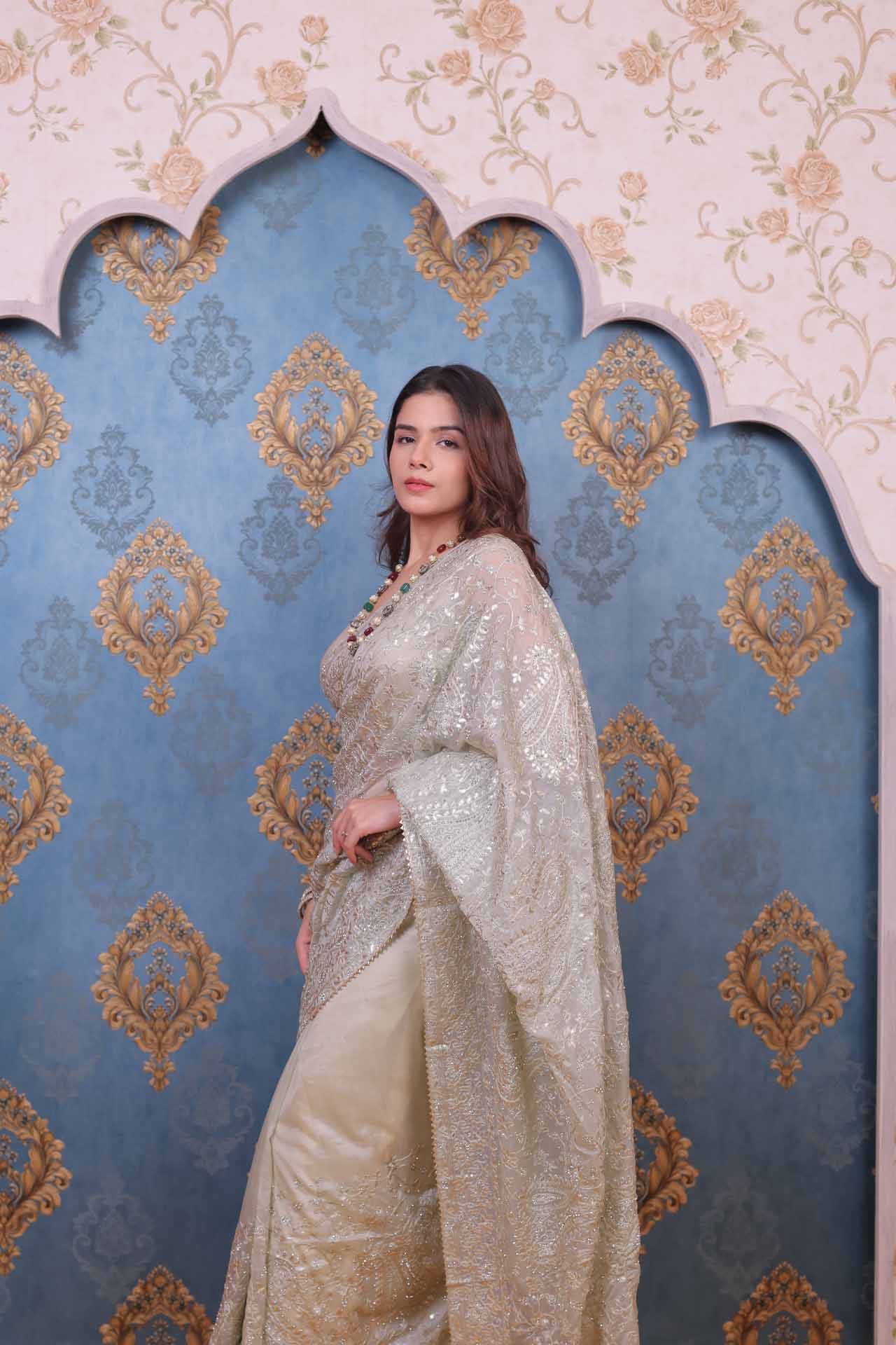 offwhite embraided saree